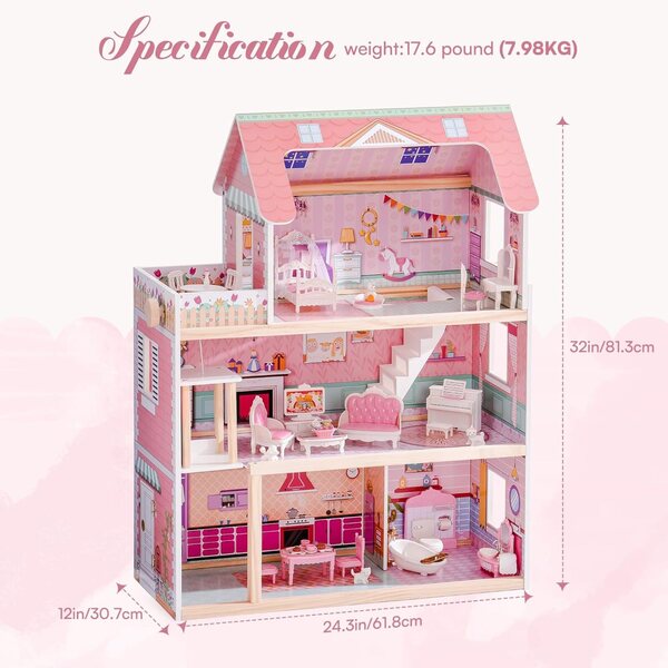 Robotime houten poppenhuis met 24 meubels voor poppen van 4-6 inch, roze creatief spel