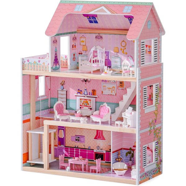 Robotime houten poppenhuis met 24 meubels voor poppen van 4-6 inch, roze creatief spel