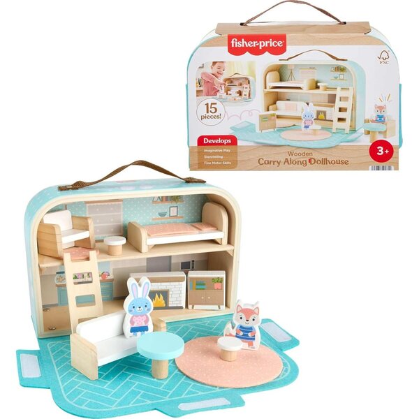 Fisher-Price bärbar trälekstuga med 15 stycken för fantasispel 3+ år