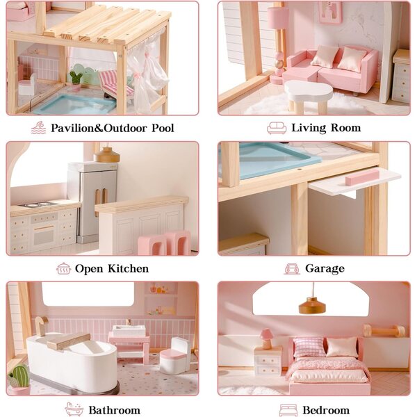 ROBUD Puppenhaus aus Holz mit 6 Zimmern, Möbeln und funktionierendem Aufzug, Swimmingpool und Garage