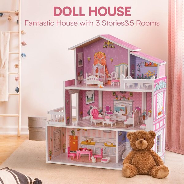 ROBUD Puppenhaus aus Holz, 3 Etagen, 5 Zimmer, 24 Spielzeugmöbel