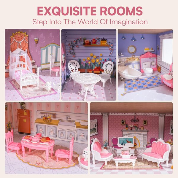 ROBUD Puppenhaus aus Holz, 3 Etagen, 5 Zimmer, 24 Spielzeugmöbel