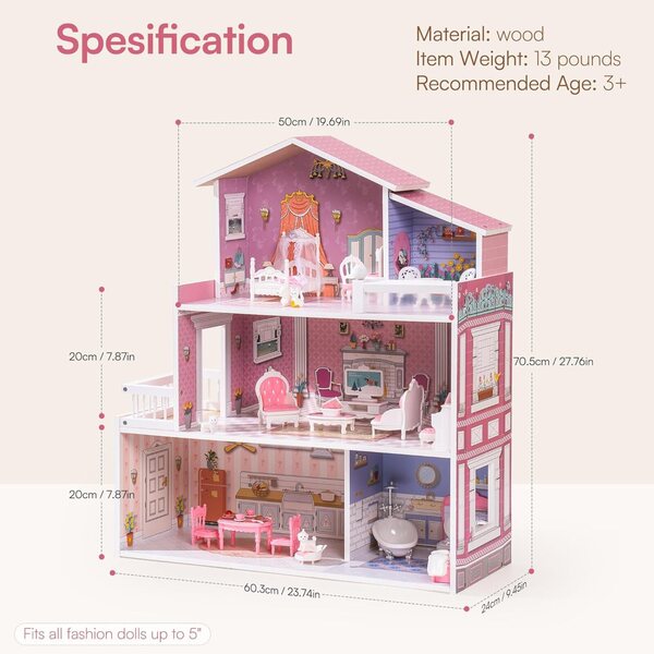 ROBUD Puppenhaus aus Holz, 3 Etagen, 5 Zimmer, 24 Spielzeugmöbel