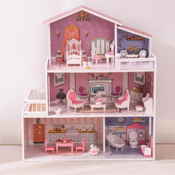 ROBUD Puppenhaus aus Holz, 3 Etagen, 5 Zimmer, 24 Spielzeugmöbel