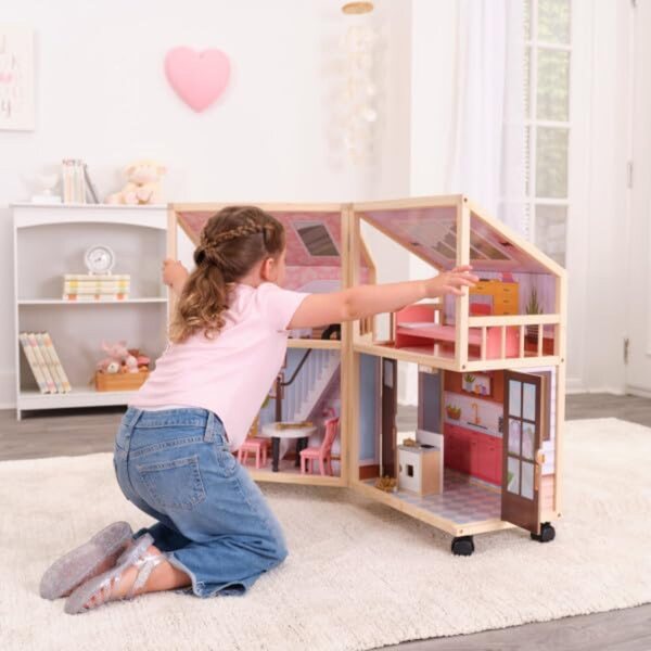 KidKraft Puppenhaus aus Holz mit Rädern und 29 Zubehörteilen, interaktives Spiel