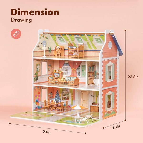 ROBUD 3-stöckiges Puppenhaus aus Holz mit Möbeln, kreatives Spiel für Kinder