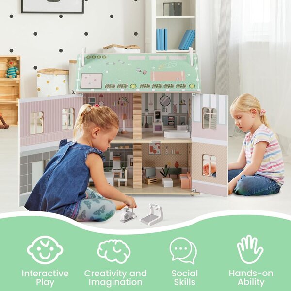 Costzon 3-stöckiges Holzhaus mit 19 Möbeln und Spielen, ideal für Kinder ab 3 Jahren