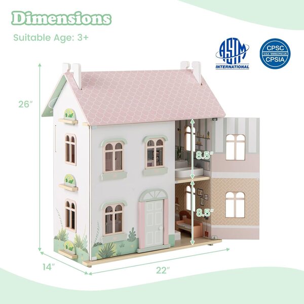 Costzon 3-stöckiges Holzhaus mit 19 Möbeln und Spielen, ideal für Kinder ab 3 Jahren