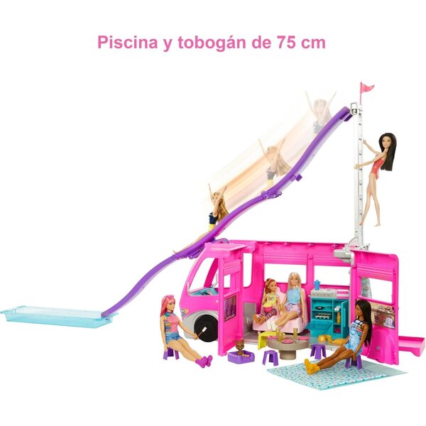 Barbie Dream Camper mit 7 Spielbereichen, Rutsche und über 60 Zubehörteilen für Outdoor-Abenteuer