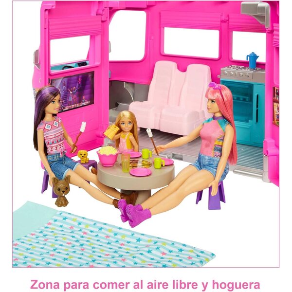 Barbie Dream Camper mit 7 Spielbereichen, Rutsche und über 60 Zubehörteilen für Outdoor-Abenteuer