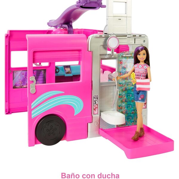 Barbie Dream Camper mit 7 Spielbereichen, Rutsche und über 60 Zubehörteilen für Outdoor-Abenteuer