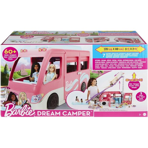 Barbie Dream Camper mit 7 Spielbereichen, Rutsche und über 60 Zubehörteilen für Outdoor-Abenteuer