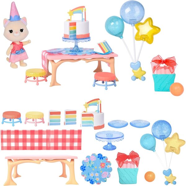 Комплект за игра Honey Bee Acres Birthday Wishes, пълен комплект за парти за рожден ден с котка и аксесоари 15 части