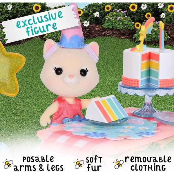 Honey Bee Acres Geburtstagswünsche-Spielset, komplettes Geburtstagsparty-Set mit Katze und Zubehör, 15-teilig
