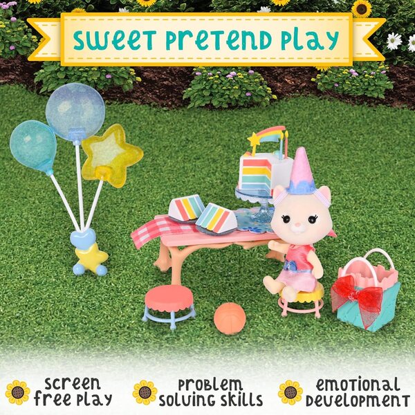 Honey Bee Acres Geburtstagswünsche-Spielset, komplettes Geburtstagsparty-Set mit Katze und Zubehör, 15-teilig