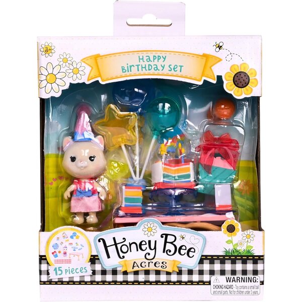 Honey Bee Acres Geburtstagswünsche-Spielset, komplettes Geburtstagsparty-Set mit Katze und Zubehör, 15-teilig