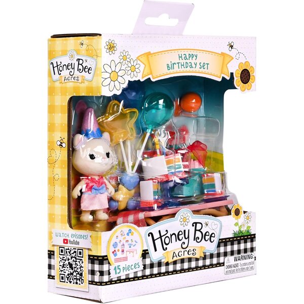 Honey Bee Acres Geburtstagswünsche-Spielset, komplettes Geburtstagsparty-Set mit Katze und Zubehör, 15-teilig