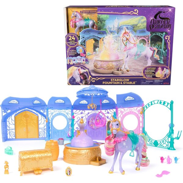 Unicorn Academy Playset Starglow Fountain & Stabbli b'Wildstar, Dwal u Ħsejjes, 24 Aċċessorju