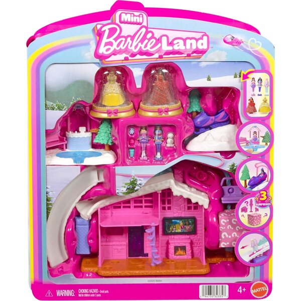 Ensemble Mini BarbieLand comprenant 2 poupées festives, 3 ensembles de jeu d'hiver et 3 mini-poupées de 1,5 pouces