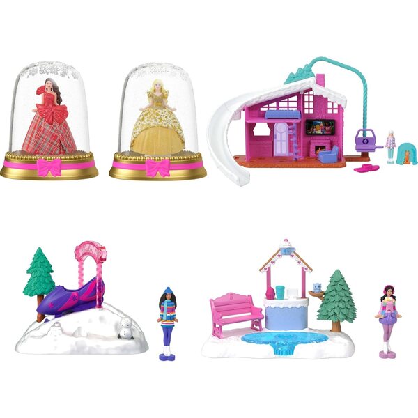 Ensemble Mini BarbieLand comprenant 2 poupées festives, 3 ensembles de jeu d'hiver et 3 mini-poupées de 1,5 pouces