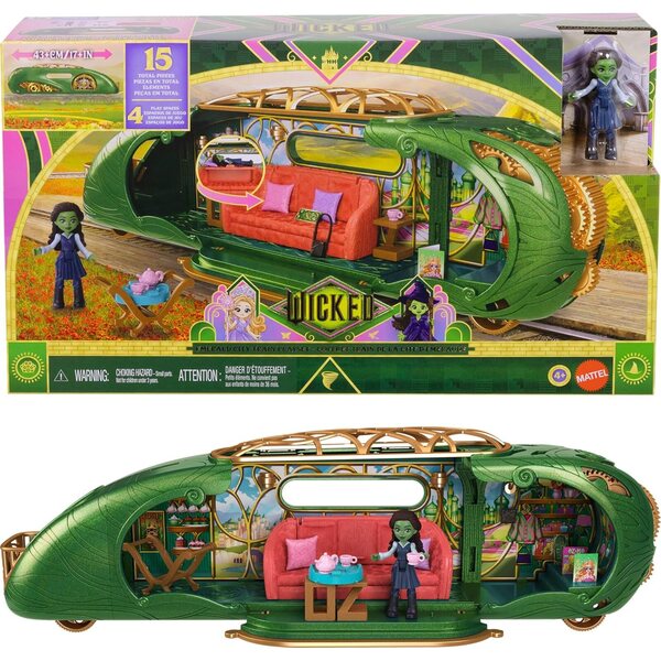 Mattel Wicked Emerald City Train Playset con Elphaba, 3 Spazi di Gioco e 14 Accessori