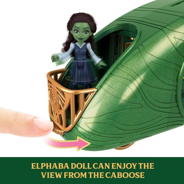 Mattel Wicked Emerald City Train Spielset mit Elphaba, 3 Spielfeldern und 14 Zubehörteilen