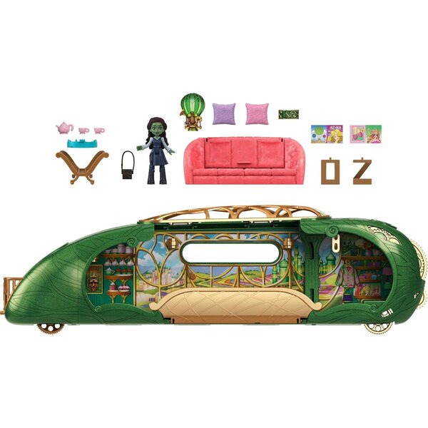 Mattel Wicked Emerald City Train Spielset mit Elphaba, 3 Spielfeldern und 14 Zubehörteilen