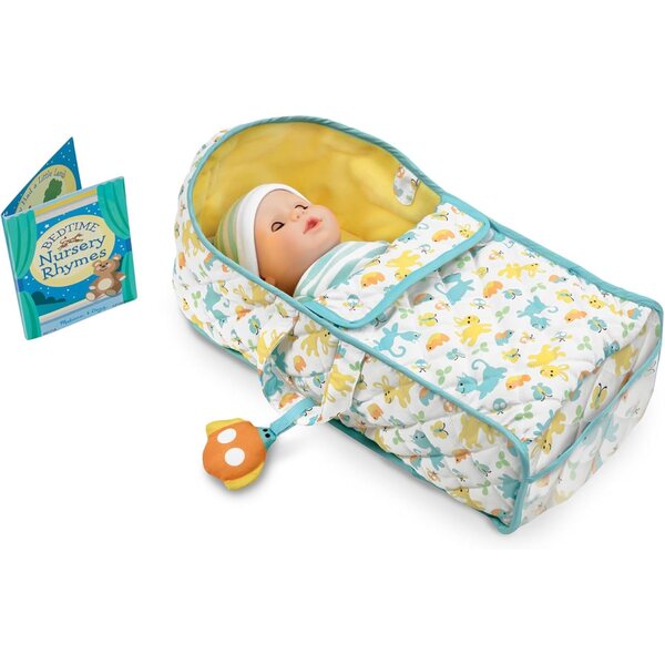 Draagbare stoffen wieg voor Melissa & Doug-poppen met rijmpjesboek en speelgoed