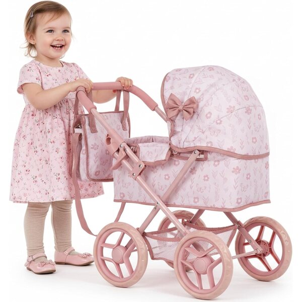 Kinderspiel-Puppenwagen mit tiefer Babywanne und leisen Rädern für Kinder ab 3 Jahren