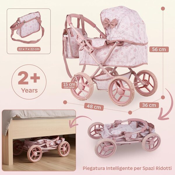 Kinderspiel-Puppenwagen mit tiefer Babywanne und leisen Rädern für Kinder ab 3 Jahren