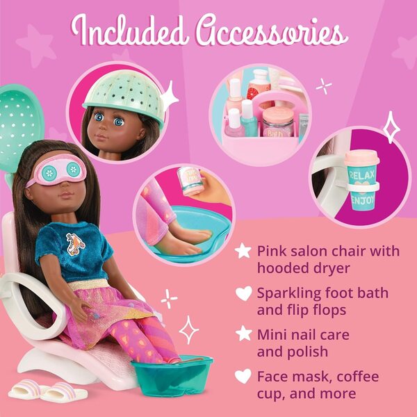 Ensemble de salon pour filles à paillettes pour poupées de 14 pouces avec sèche-cheveux et accessoires de spa