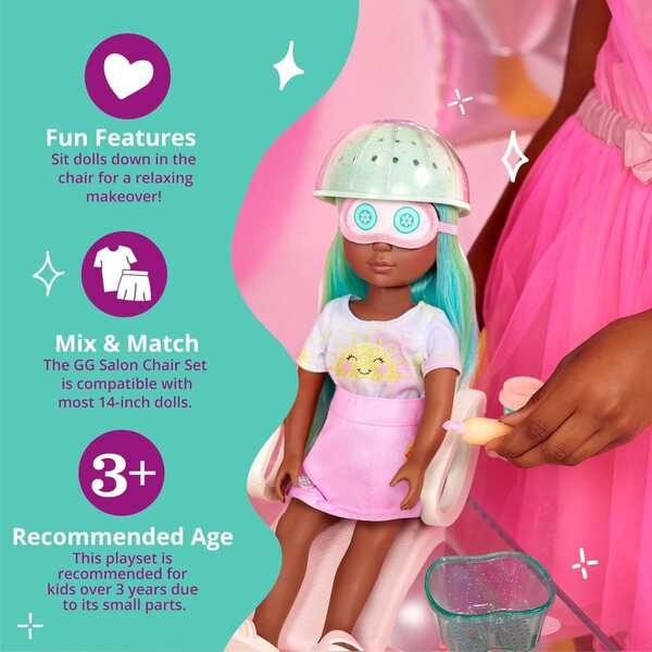 Ensemble de salon pour filles à paillettes pour poupées de 14 pouces avec sèche-cheveux et accessoires de spa