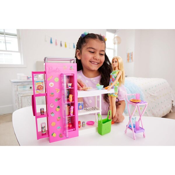 Barbie-Küche mit Speisekammer und über 25 Zubehörteilen, komplettes Spielset für Kinder