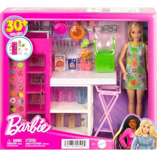 Barbie-Küche mit Speisekammer und über 25 Zubehörteilen, komplettes Spielset für Kinder