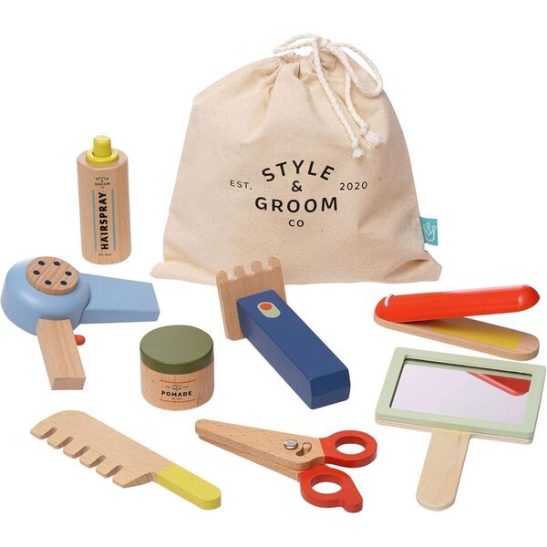 Style & Groom 9 Biċċa injam Play Set għall-Parrukkiera tat-Tfal Ġugarelli Manhattan