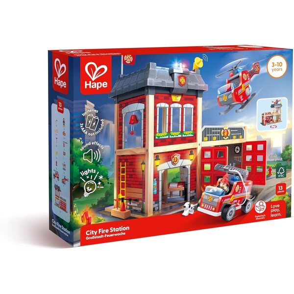 Hape Caserne de pompiers en bois avec sons et lumières, jeu éducatif