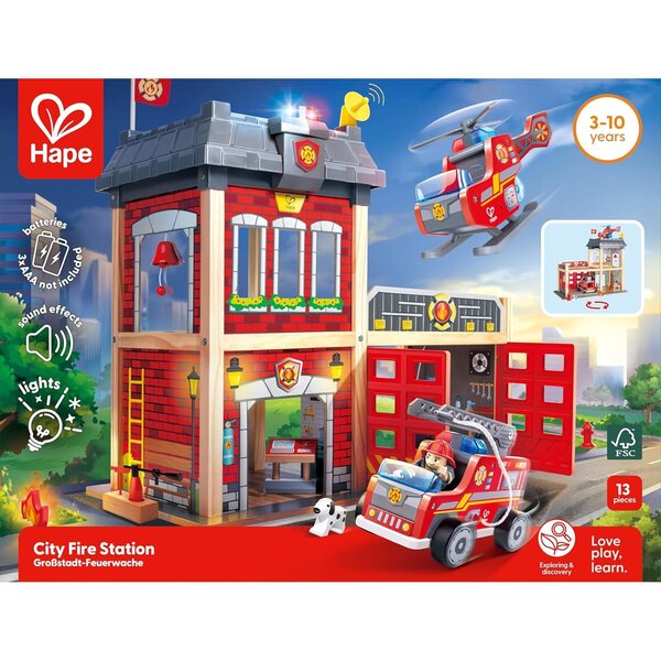 Hape Caserne de pompiers en bois avec sons et lumières, jeu éducatif