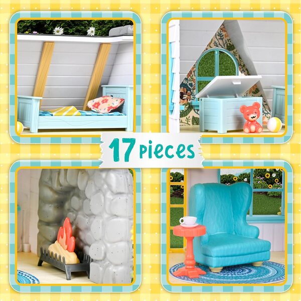 Honey Bee Acres 11" Sonnenblumen-Puppenhaus mit 17 Teilen und Figurenmöbeln