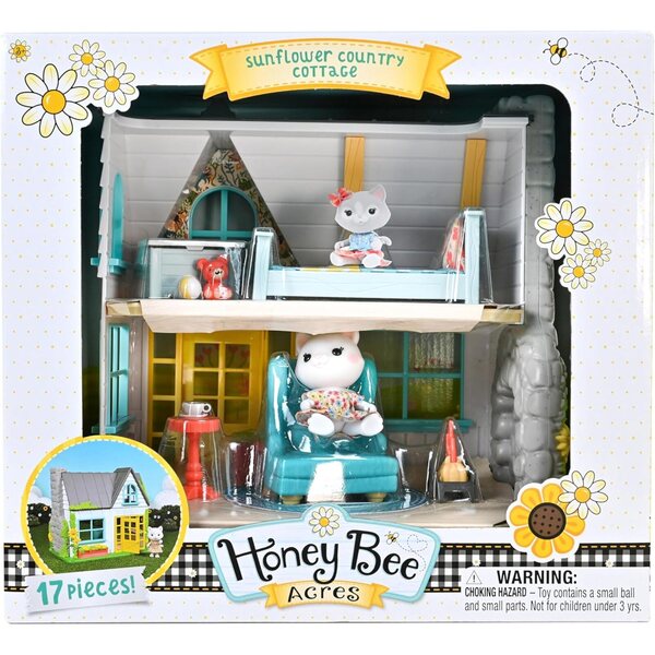 Honey Bee Acres 11" Sonnenblumen-Puppenhaus mit 17 Teilen und Figurenmöbeln