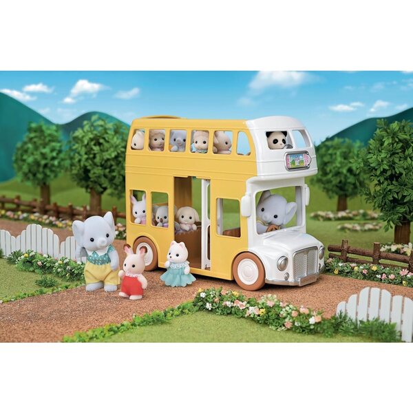 Calico Critters Kindergarten-Doppeldeckerbus mit Zubehör und farbenfrohen Fahrgeschäften