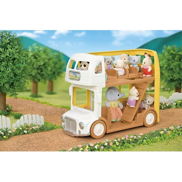 Calico Critters Kindergarten-Doppeldeckerbus mit Zubehör und farbenfrohen Fahrgeschäften