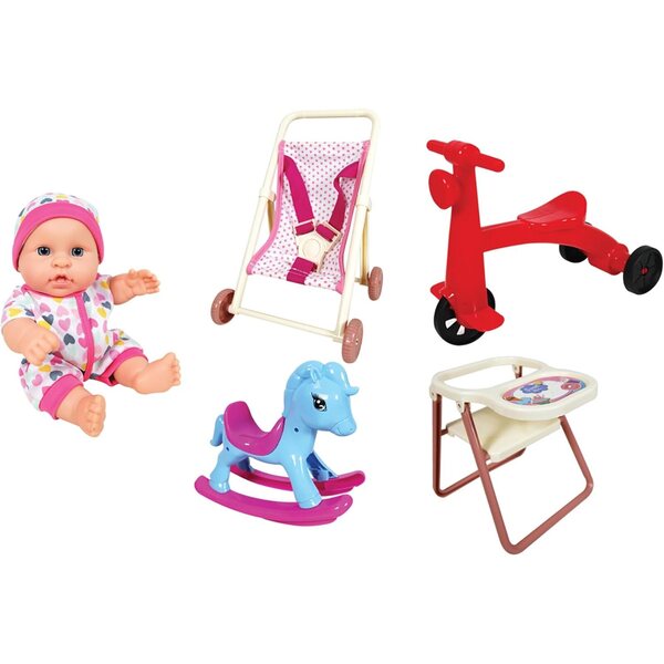 Lissi: 8" Baby Doll Set: Scooter, Pushchair, Rocking Chair & Highchair - Colorful Play-Feeding-Travel Toy Playset, Foldable Design, Kids-Toddlers 2+