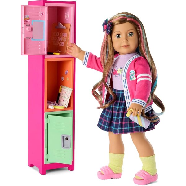 American Girl Truly Me 18-inch Doll Colorful Cubbies Locker Playset with Fold-out Hook and Real Chalkboard, For Ages 6+