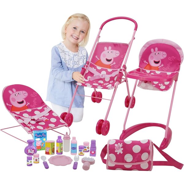 19-teiliges Peppa Pig-Set mit Kinderwagen, Hochstuhl und Zubehör für Puppen ab 3 Jahren