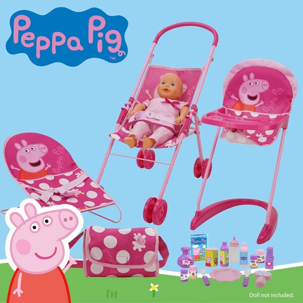 19-teiliges Peppa Pig-Set mit Kinderwagen, Hochstuhl und Zubehör für Puppen ab 3 Jahren