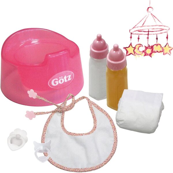 Gotz Basic Care Potty Training Set for Baby Dolls up to 16.5" - Includes Potty, Bib, Diaper, Milk Bottle and Juice Bottle