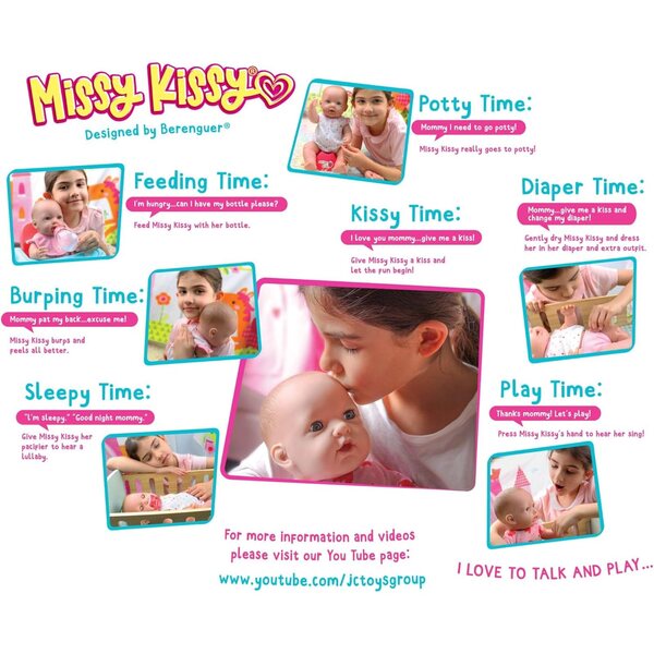 Interaktive Missy Kissy-Puppe mit Flasche, Windel und Zubehör für pädagogisches Spielen