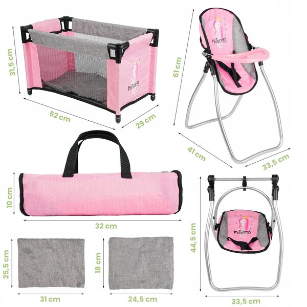 2-in-1-Bett und Hochstuhl für MalPlay-Puppen mit Bettwäsche und bunter Tasche
