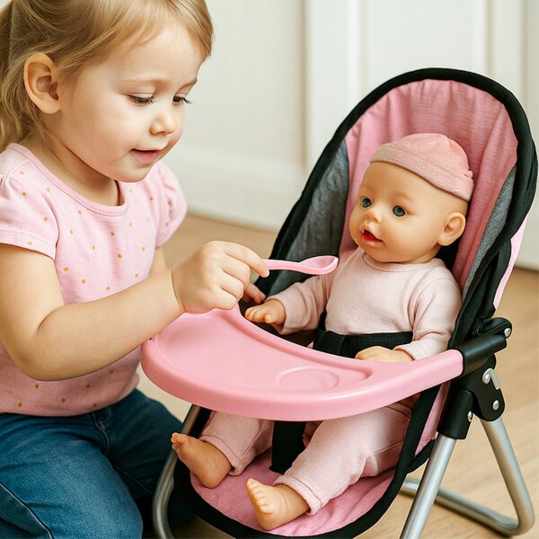 2-in-1-Bett und Hochstuhl für MalPlay-Puppen mit Bettwäsche und bunter Tasche