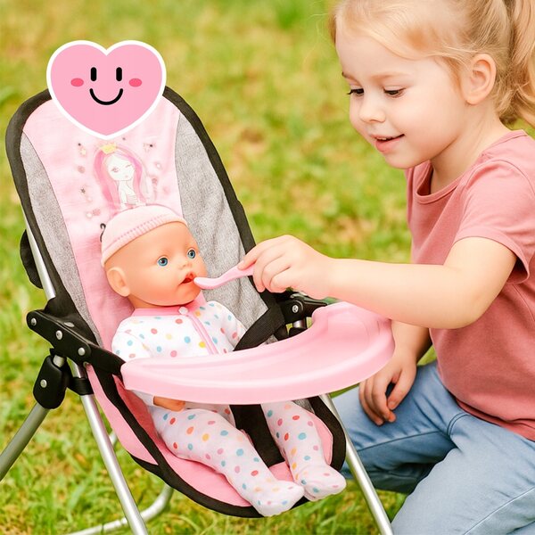 2-in-1-Bett und Hochstuhl für MalPlay-Puppen mit Bettwäsche und bunter Tasche